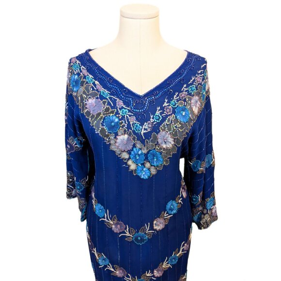 Vintage 70s Painted & Beaded Chiffon Dress from Germany Formal Prom Gown Sz L - Picture 6 of 16